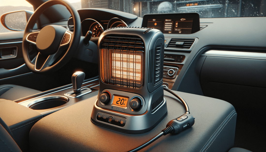 Close-up image of a compact portable car heater in a vehicle, near a frosty windshield overlooking a suburban street in winter.