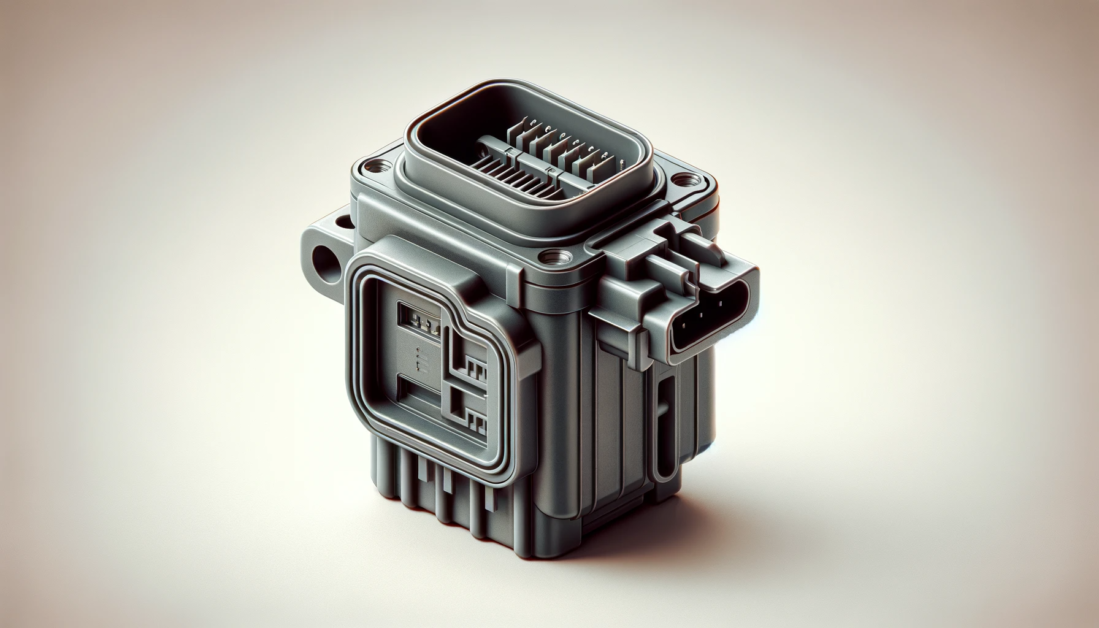 This image presents a close-up view of the exterior of a Mass Air Flow Sensor (MAF), highlighting its compact and durable design. The sensor is shown as a small, rectangular device with a sturdy housing and visible electrical connections. The focus on the sensor's outer structure emphasizes its robust construction, designed to withstand the demanding environment of a car's engine. The image conveys the sensor's importance in automotive engineering, showcasing its role as a crucial link in the engine's air intake system.