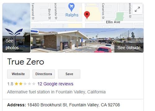 Screenshot of the Google business profile for True Zero's hydrogen fuel station in Fountain Valley displaying a series of negative customer reviews. The star rating is visible at 1.8 with a total of 12 reviews highlighted.