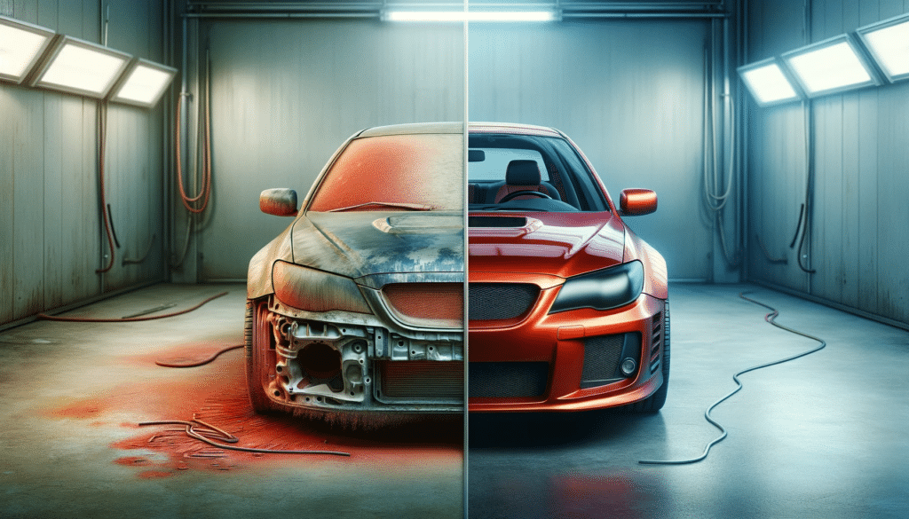 A hyper-realistic digital illustration of a car divided down the center, exhibiting a 'before and after' paint comparison. The right half of the car gleams with a fresh, glossy red paint finish, reflecting light and showing a high level of detail in the reflection, indicative of a professional paint job. The left half contrasts starkly, appearing faded and marred with areas of rust and exposed metal, along with numerous scratches and a lack of sheen. Both halves of the car are set against a nondescript, blurry garage background that keeps the focus on the car's condition.