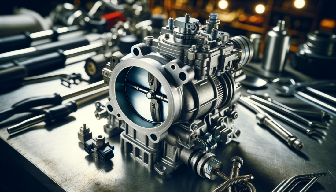 Detailed view of a throttle body's connectors and valve, highlighting the mechanical precision and complexity of this essential engine part.
