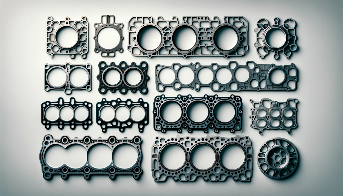 An image showcasing a diverse array of head gaskets, each representing different types and complexities found in automobile engines. The gaskets vary in design, shape, and size, with some featuring circular cut-outs for cylinders, while others display oval or unique shapes. Each gasket is crafted from metal, exhibiting precision-cut edges that emphasize the intricacy involved in automotive engineering. The collection demonstrates the variation in head gasket designs, catering to different engine specifications. The gaskets are set against a plain, light background to highlight their detailed structures and the technical diversity within the realm of car engine components.