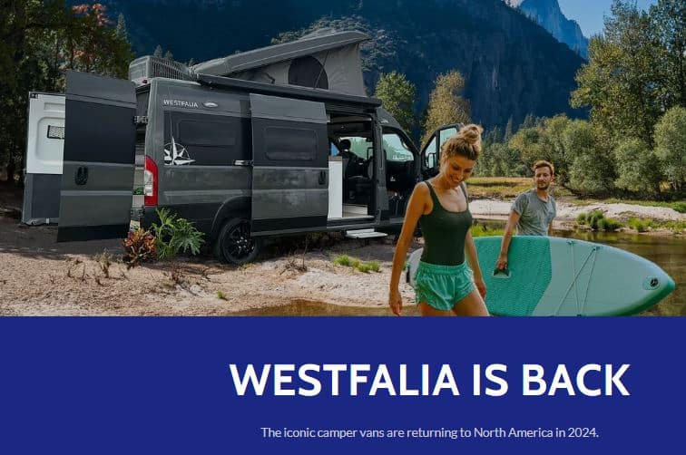 Home page screenshot of Westfalia America's website featuring a natural outdoor setting with a man and a woman; the man is holding a surfboard, and a new Westfalia camper is visible in the background.