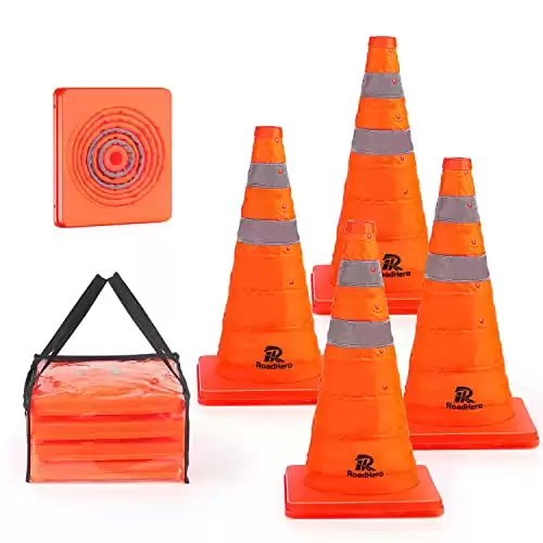 RoadHero 18 Inch [4 Pack] Collapsible Traffic Safety Cones, Multi Purpose Pop-up Cones with Reflective Collar for Road Safety, Orange Cones for Driving Training, Parking Lots