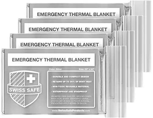 Swiss Safe Emergency Mylar Thermal Blankets + Bonus Gold Foil Space Blanket. Designed for NASA, Outdoors, Survival, First Aid, Silver, 4 Pack