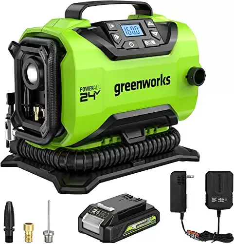 Greenworks 24V Cordless Tire Inflator, 160 PSI Portable Air Compressor, 2 Power Sources, Auto Shut Off, for Car, Bicycle, Motorcycle, Air Boat, Inflatables With 2.0 Ah Battery & 2A Charger