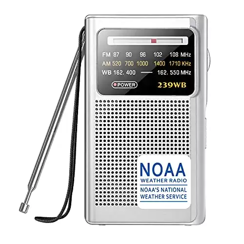 Greadio NOAA Weather Radio, AM/FM Battery Operated Transistor Portable Radio with Best Reception,Stereo Earphone Jack,Powered by 2 AA Battery for Emergency,Hurricane,Running, Walking,Home (Silver)