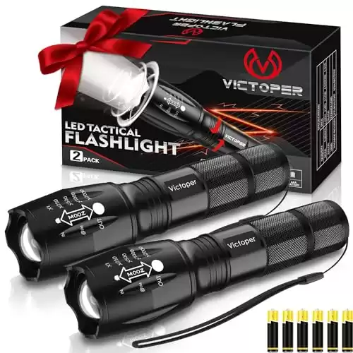 Victoper LED Flashlight 2 Pack, Bright 2000 Lumens Tactical Flashlights High Lumens with 5 Modes, Waterproof Focus Zoomable Flash Light for Outdoor, Gifts for Birthday for Men Women Adults