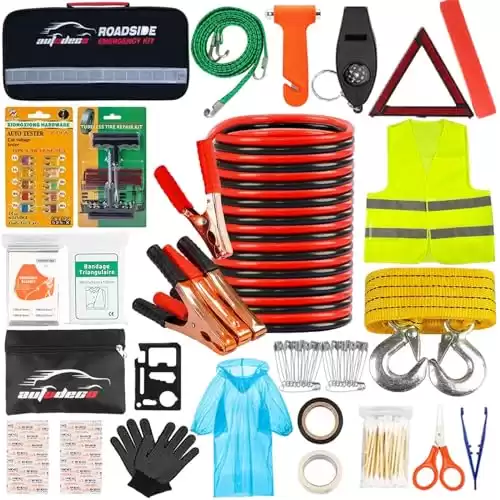 AUTODECO Car Roadside Emergency Kit Premium, with Jumper Cables, Tow Strap, etc