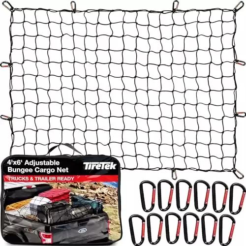 TireTek Cargo Net for Pickup Truck Bed - 4' x 6' Stretches to 8' x 12' - Heavy Duty Small 4 x4 Latex Bungee Net Mesh w/ 12 Metal Carabiners - Truck Bed Accessories for Dodge RAM, F...