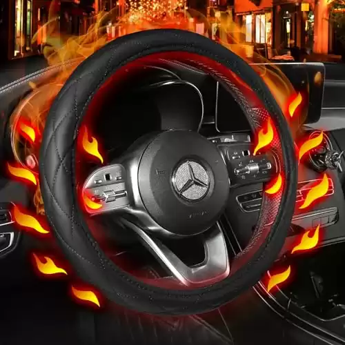 Heated Steering Wheel Cover - WARMITORY Luxury Steering Wheel Heater, 12V Quick Hand Warmer, 14.5-15 inches Outer Diameter for Standard-Size Car Steering Wheels(Leatheret PU)(Black)