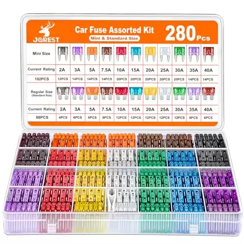 JOREST 280 Pcs Car Fuse Assortment Kit, 182 Mini Blade Fuses Automotive + 98 Standard Auto Fuses + 1 Fuse Puller for Car/RV/Truck/Motorcycle/Boat (2Amp 3A 5A 7.5A 10A 15A 20A 25A 30A 35A 40A)